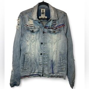 Industrial‎ Indigo Men Medium Blue Stretch Whiskered Hand Sand Dremmel Jacket